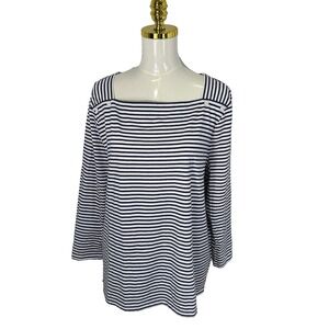 Talbots Women's Top XL Navy Blue Striped White‎ Gold Button Long Sleeve Coastal